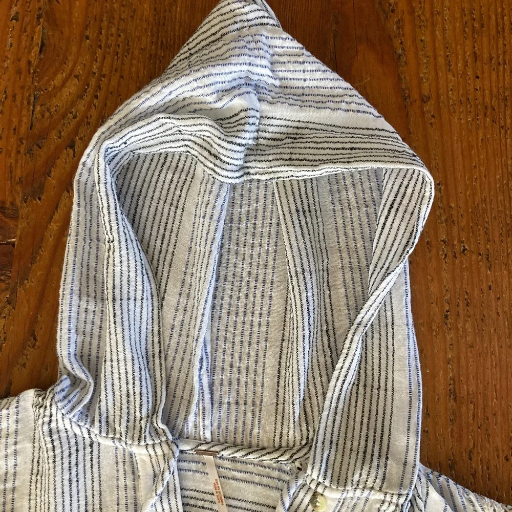 Free People Hooded Puff Sleeve Swing Shirt White, Black, Blue Stripes Size XS